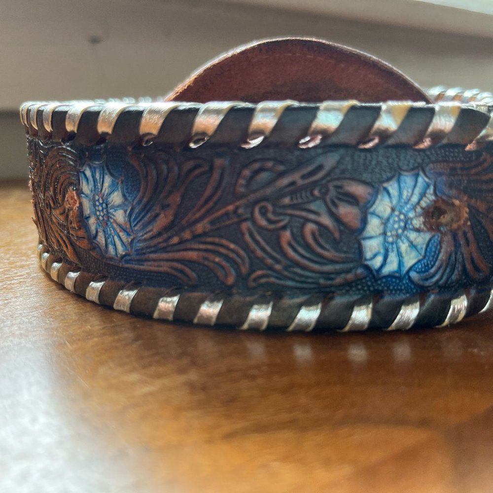 amazing handpainted cowboy western deer buckle belt blue fairy flower boho